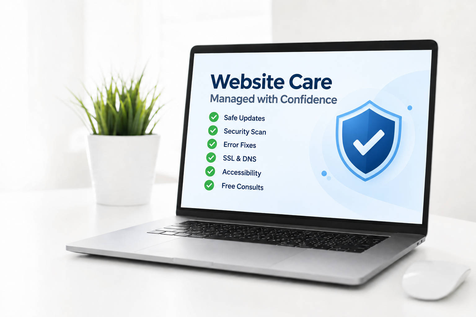 Laptop showing a secure, up-to-date, backed-up website running smoothly.