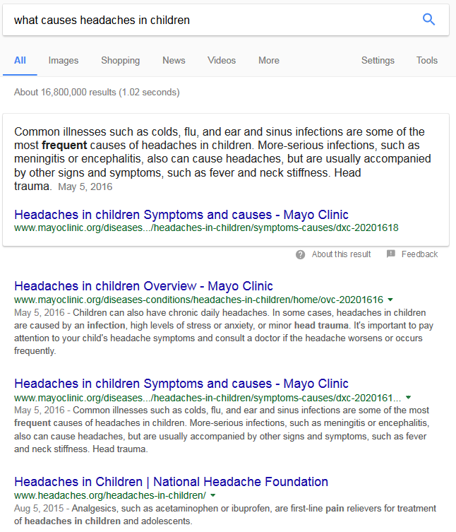 SERP showing exact term matching