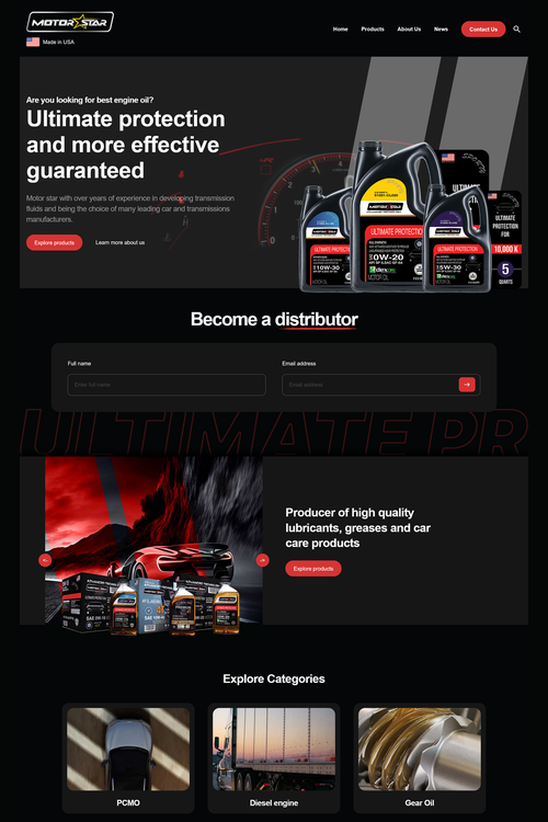 MotorStar USA homepage showing the custom WordPress theme, motor oil products, distributor enquiry form, and product categories.