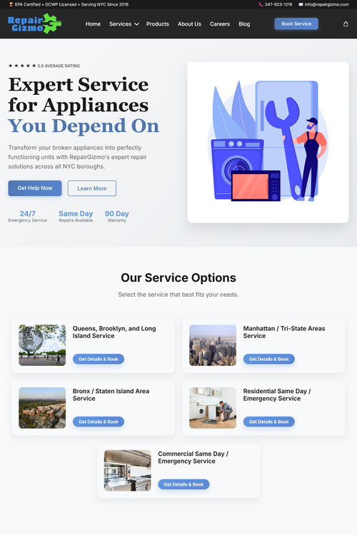 RepairGizmo homepage showing the appliance repair hero and all five service booking options.
